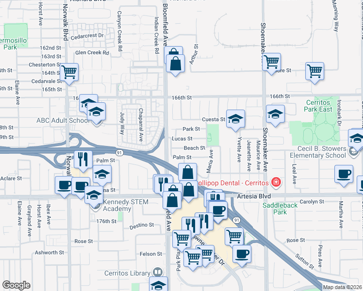 map of restaurants, bars, coffee shops, grocery stores, and more near 12659 Lucas Street in Cerritos