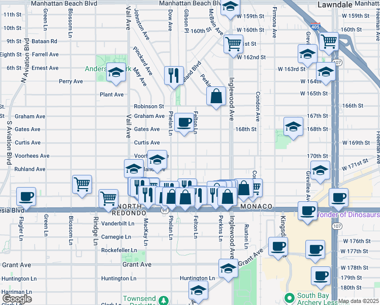 map of restaurants, bars, coffee shops, grocery stores, and more near 2516 Curtis Avenue in Redondo Beach