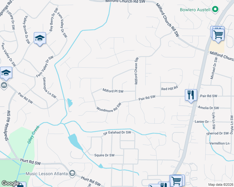map of restaurants, bars, coffee shops, grocery stores, and more near 1517 Milford Place Southwest in Marietta