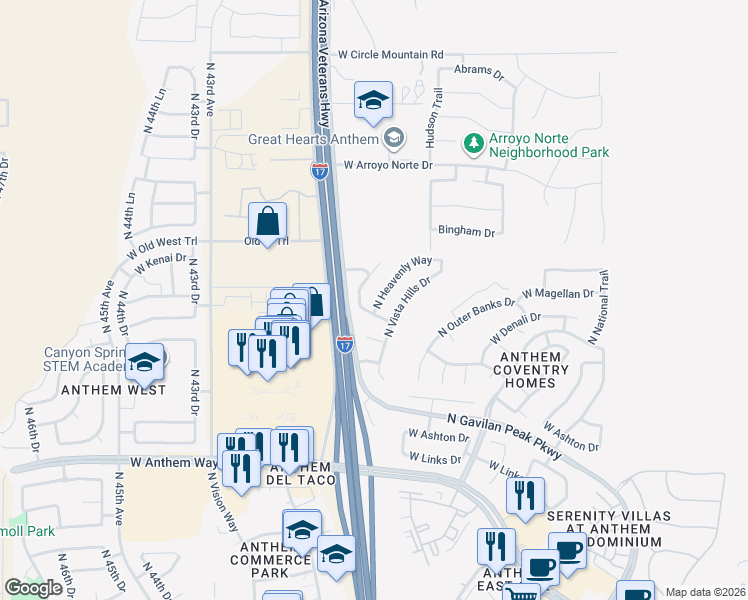 map of restaurants, bars, coffee shops, grocery stores, and more near 43240 North Whisper Lane in New River