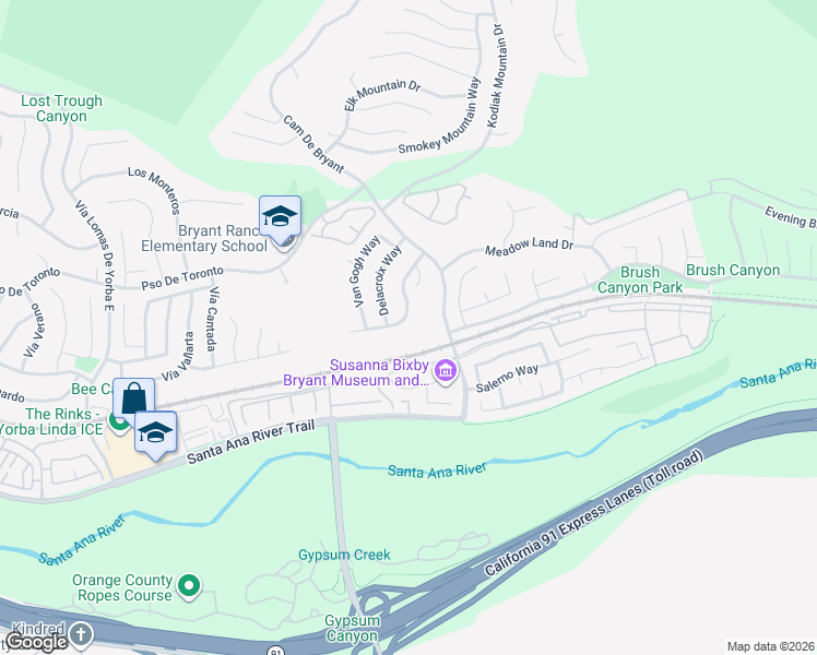 map of restaurants, bars, coffee shops, grocery stores, and more near 5650 Picasso Drive in Yorba Linda
