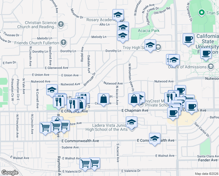 map of restaurants, bars, coffee shops, grocery stores, and more near 1537 East Brookdale Place in Fullerton