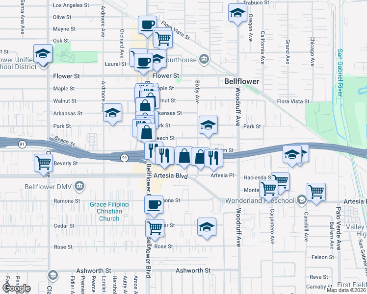 map of restaurants, bars, coffee shops, grocery stores, and more near 9929 Palm Street in Bellflower