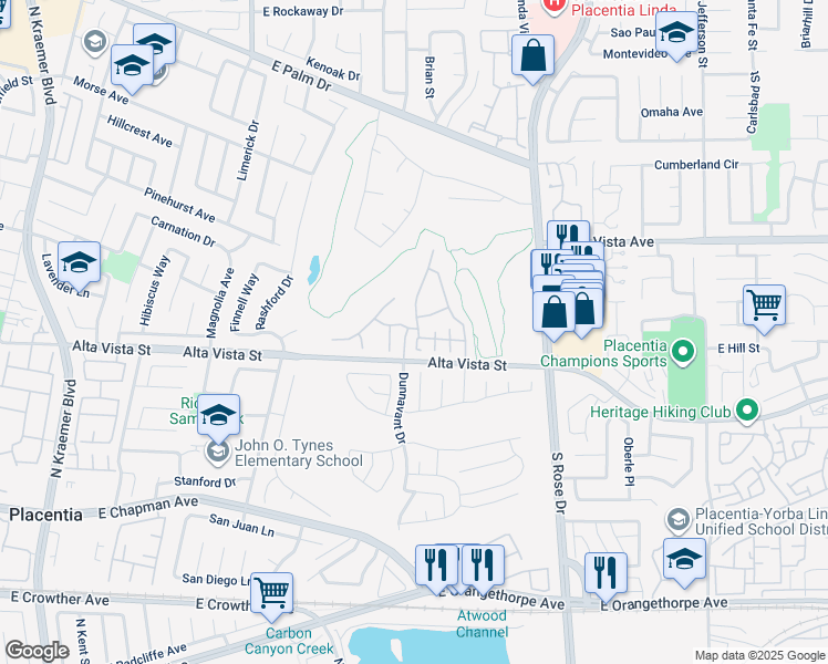 map of restaurants, bars, coffee shops, grocery stores, and more near 651 North Ziegler Way in Placentia
