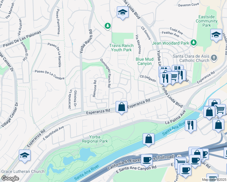 map of restaurants, bars, coffee shops, grocery stores, and more near 21285 Via Del Vaquero in Yorba Linda