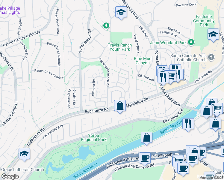 map of restaurants, bars, coffee shops, grocery stores, and more near 21285 Via Del Vaquero in Yorba Linda