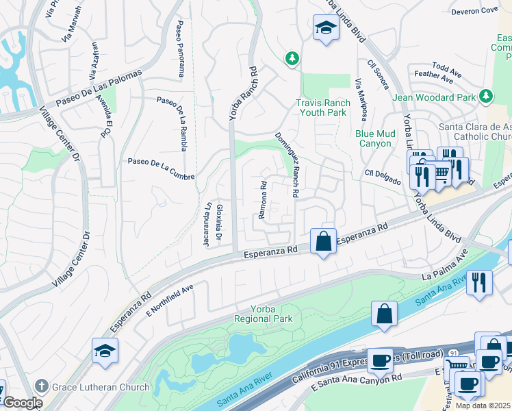 map of restaurants, bars, coffee shops, grocery stores, and more near in Yorba Linda