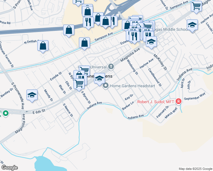 map of restaurants, bars, coffee shops, grocery stores, and more near 3723 Grant Street in Corona