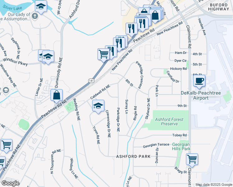 map of restaurants, bars, coffee shops, grocery stores, and more near 3020 Parkridge Drive Northeast in Atlanta