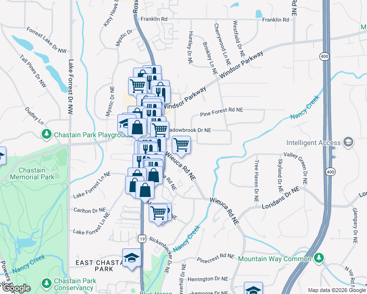 map of restaurants, bars, coffee shops, grocery stores, and more near 316 Valley Brook Way in Atlanta