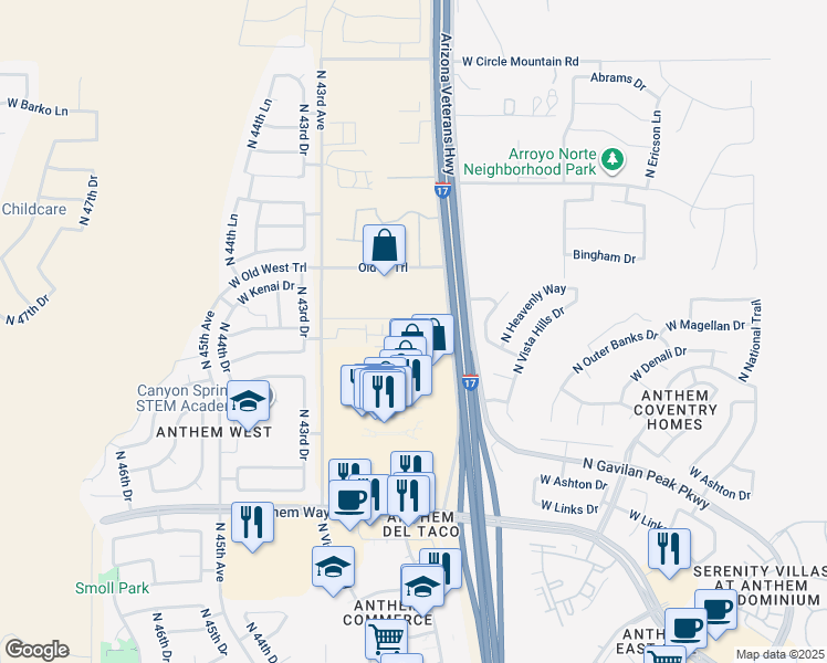 map of restaurants, bars, coffee shops, grocery stores, and more near 43240 North Black Canyon Highway in Phoenix