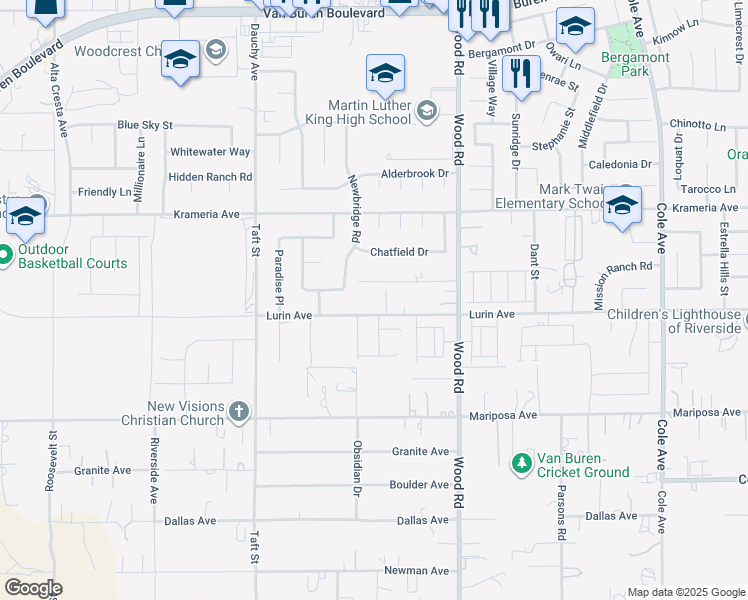 map of restaurants, bars, coffee shops, grocery stores, and more near 18828 Woodcrest Lane in Riverside