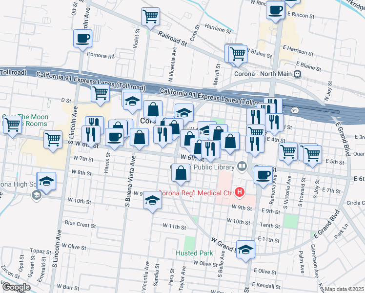 map of restaurants, bars, coffee shops, grocery stores, and more near in Corona