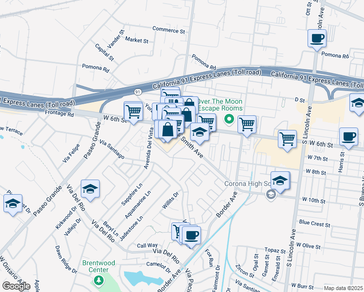 map of restaurants, bars, coffee shops, grocery stores, and more near 1492 West 6th Street in Corona