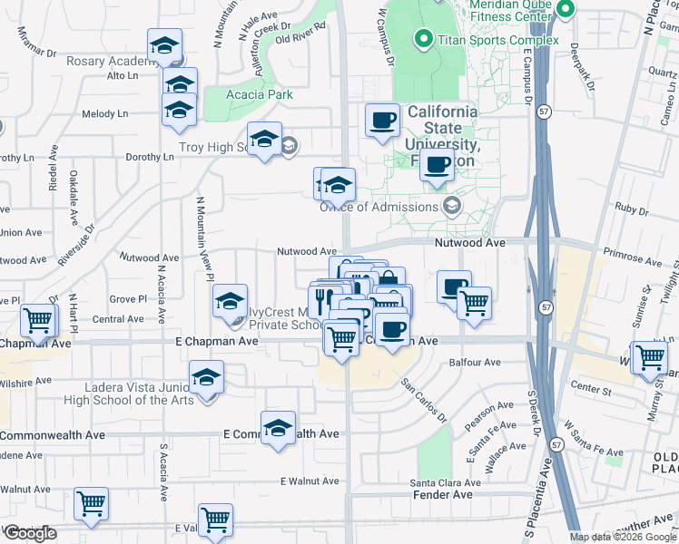 map of restaurants, bars, coffee shops, grocery stores, and more near in Fullerton