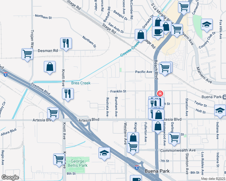 map of restaurants, bars, coffee shops, grocery stores, and more near 5684 Rostrata Avenue in Buena Park