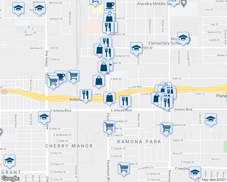 map of restaurants, bars, coffee shops, grocery stores, and more near 6761 Curtis Avenue in Long Beach