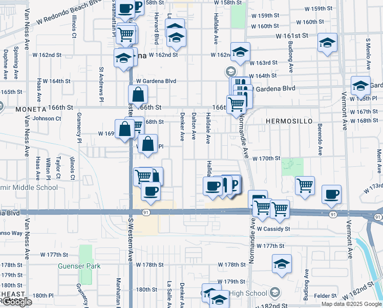 map of restaurants, bars, coffee shops, grocery stores, and more near 16926 Dalton Avenue in Gardena