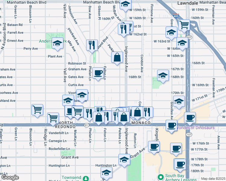 map of restaurants, bars, coffee shops, grocery stores, and more near 2608 Curtis Avenue in Redondo Beach