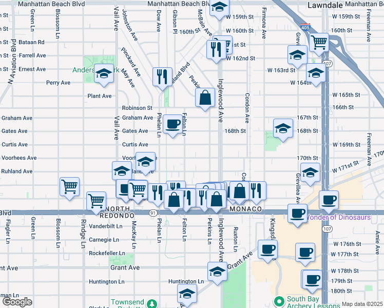 map of restaurants, bars, coffee shops, grocery stores, and more near 2608 Curtis Avenue in Redondo Beach
