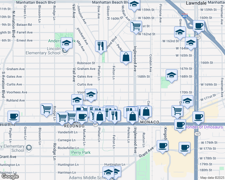 map of restaurants, bars, coffee shops, grocery stores, and more near 2516 Curtis Avenue in Redondo Beach