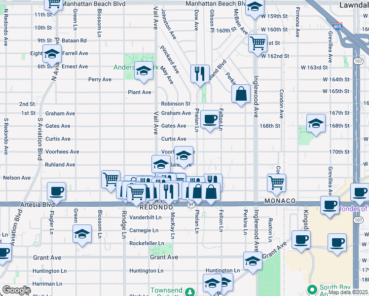 map of restaurants, bars, coffee shops, grocery stores, and more near 2404 Curtis Avenue in Redondo Beach