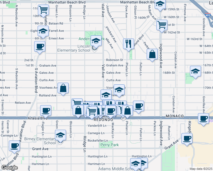 map of restaurants, bars, coffee shops, grocery stores, and more near 2307 1/2 Curtis Avenue in Redondo Beach