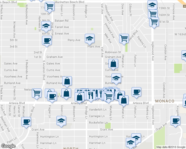 map of restaurants, bars, coffee shops, grocery stores, and more near 2218 Curtis Avenue in Redondo Beach