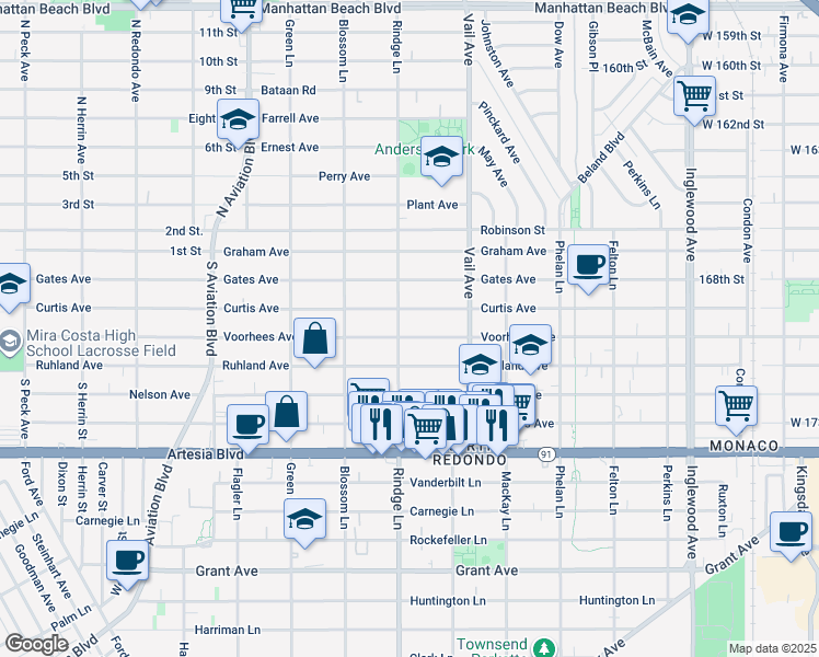 map of restaurants, bars, coffee shops, grocery stores, and more near 2200 Curtis Avenue in Redondo Beach