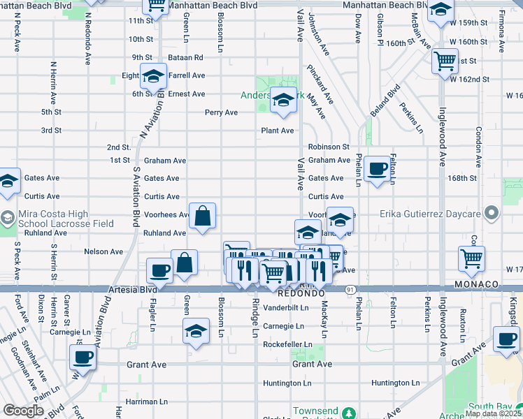 map of restaurants, bars, coffee shops, grocery stores, and more near 2200 Curtis Avenue in Redondo Beach