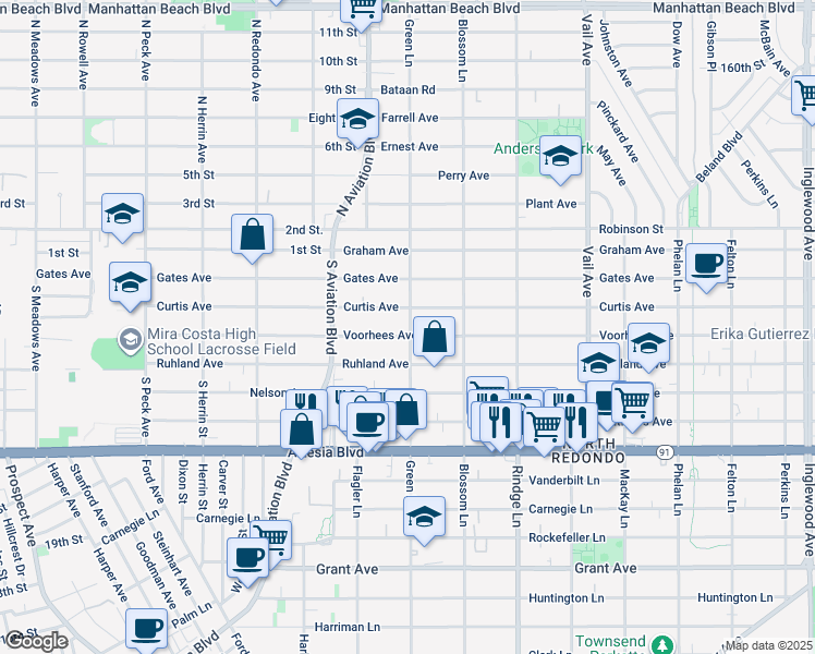 map of restaurants, bars, coffee shops, grocery stores, and more near 2000 Curtis Avenue in Redondo Beach