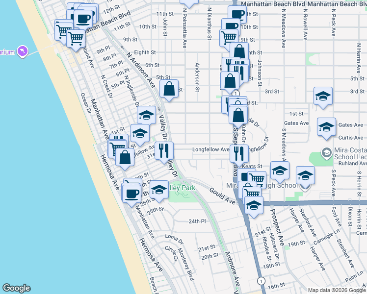 map of restaurants, bars, coffee shops, grocery stores, and more near 816 Duncan Avenue in Manhattan Beach