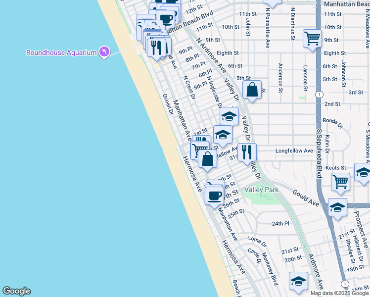 map of restaurants, bars, coffee shops, grocery stores, and more near 88 Manhattan Avenue in Manhattan Beach