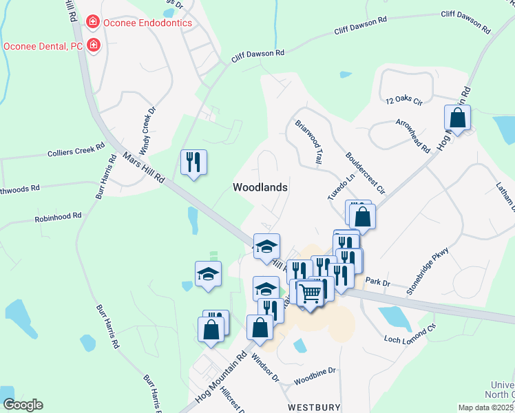 map of restaurants, bars, coffee shops, grocery stores, and more near 1100 Woodlands Road in Watkinsville