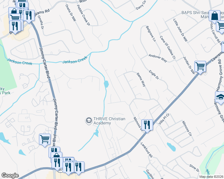 map of restaurants, bars, coffee shops, grocery stores, and more near 458 Fire Fly Drive in Tucker