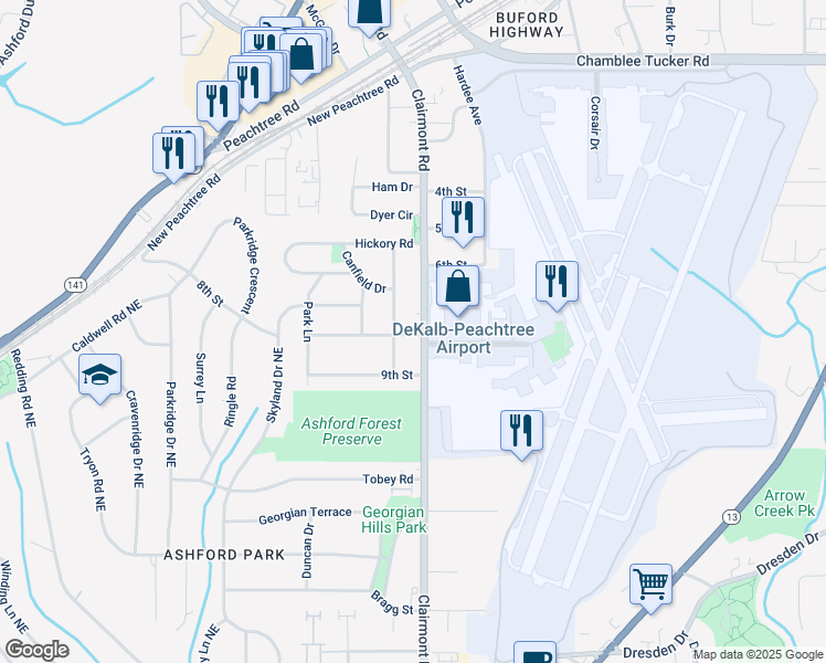 map of restaurants, bars, coffee shops, grocery stores, and more near 1968 8th Street in Chamblee