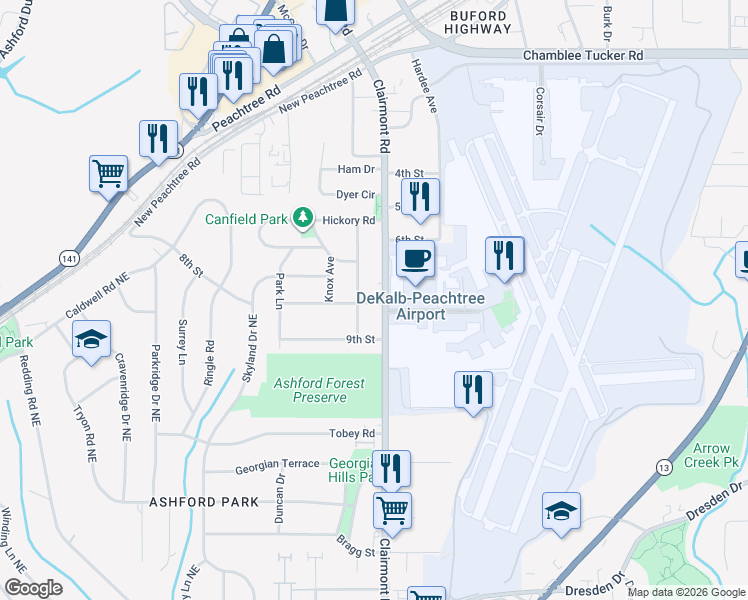 map of restaurants, bars, coffee shops, grocery stores, and more near 3037 Jefferson Street in Atlanta
