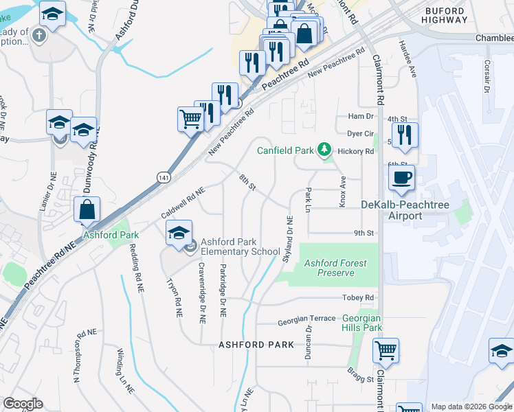 map of restaurants, bars, coffee shops, grocery stores, and more near 1782 8th Street in Chamblee