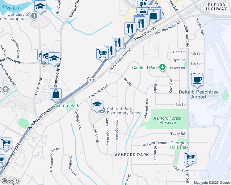 map of restaurants, bars, coffee shops, grocery stores, and more near 3042 Parkridge Drive Northeast in Atlanta