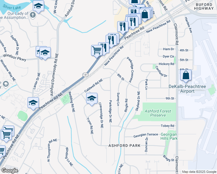 map of restaurants, bars, coffee shops, grocery stores, and more near 3020 Parkridge Drive Northeast in Atlanta