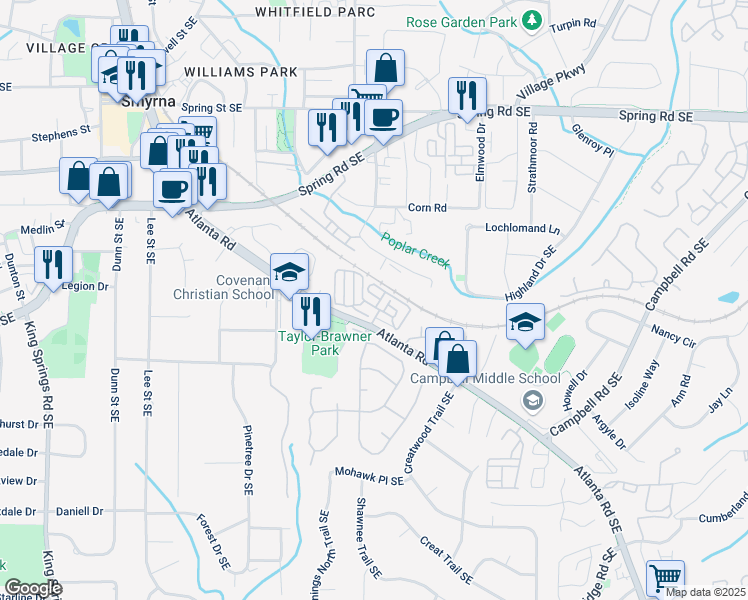 map of restaurants, bars, coffee shops, grocery stores, and more near 508 Vinings Forest Court Southeast in Smyrna