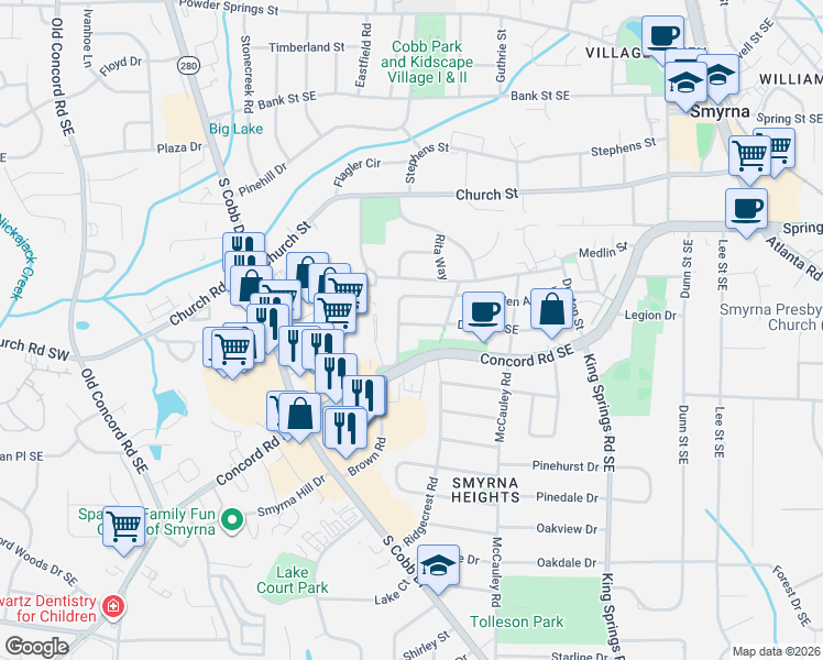 map of restaurants, bars, coffee shops, grocery stores, and more near 933 Dell Avenue Southeast in Smyrna