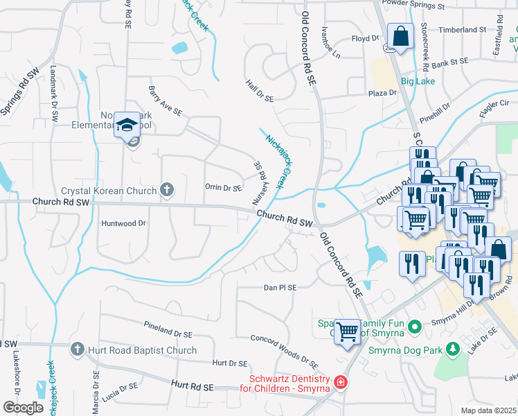 map of restaurants, bars, coffee shops, grocery stores, and more near 3159 Nursery Road Southeast in Smyrna