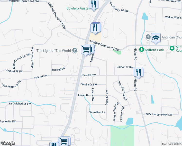map of restaurants, bars, coffee shops, grocery stores, and more near 1154 Pair Road Southwest in Marietta