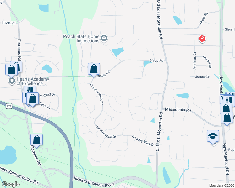 map of restaurants, bars, coffee shops, grocery stores, and more near 4768 Longwood Court in Powder Springs