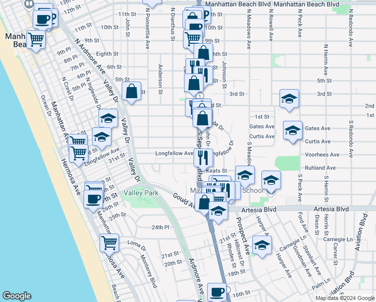 map of restaurants, bars, coffee shops, grocery stores, and more near 727 Longfellow Avenue in Hermosa Beach