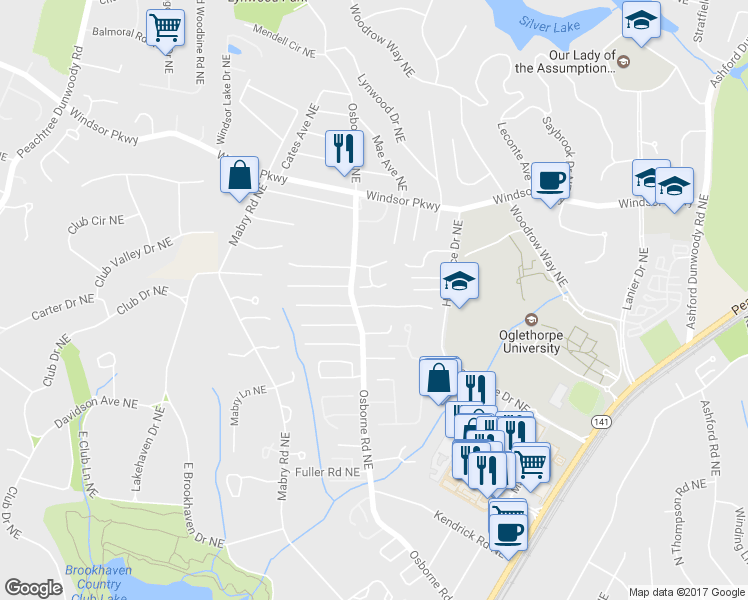 map of restaurants, bars, coffee shops, grocery stores, and more near 1160 Haven Brook Way Northeast in Atlanta