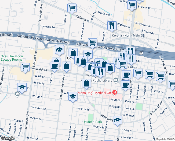 map of restaurants, bars, coffee shops, grocery stores, and more near in Corona
