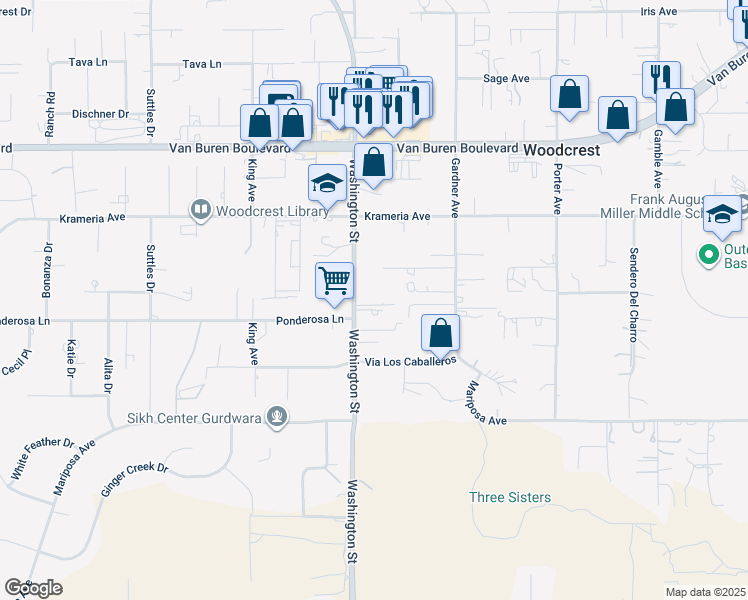 map of restaurants, bars, coffee shops, grocery stores, and more near 16698 Washington Street in Riverside