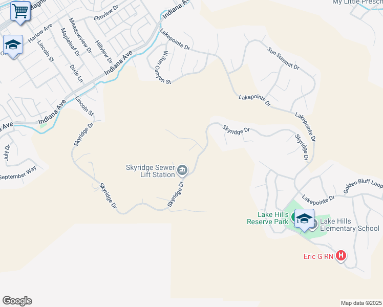 map of restaurants, bars, coffee shops, grocery stores, and more near 16696 South Peak Court in Riverside